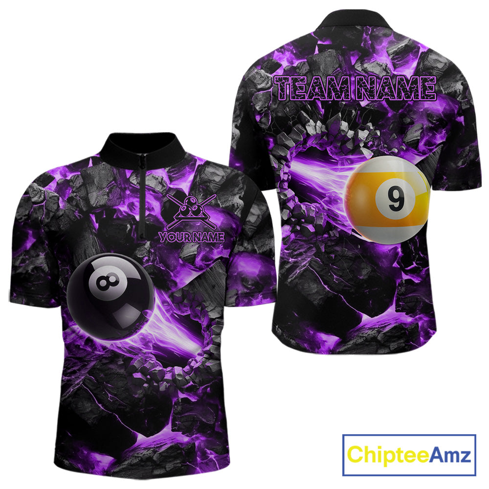 Personalized Purple 8 Ball 9 Ball Fire Quarter Zip Billiard Shirt Created for Competitive Pool League Teams with Performance Fabric and Tournament Ready Team Design
