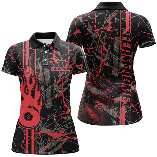 Red Grunge Billiard Jerseys For Women Custom Fire Flame 8 Ball Dragon Team League Billiard Shirts TDM2600