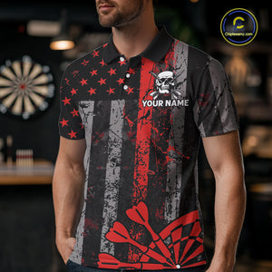 Personalized Red Grunge US Flag Skull Darts Shirt For Men Custom Patriotic Darts Team Jersey TDM4882