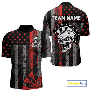 Personalized Red Grunge US Flag Skull Darts Shirt For Men Custom Patriotic Darts Team Jersey TDM4882