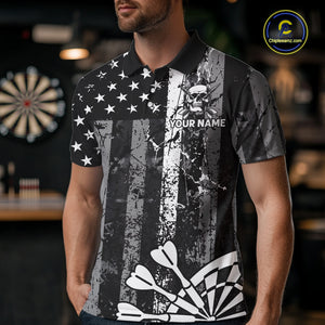 Personalized White Black Grunge US Flag Skull Darts Shirt For Men Custom Patriotic Darts Jersey TDM4883
