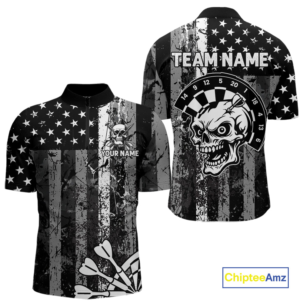 Personalized White Black Grunge US Flag Skull Darts Shirt For Men Custom Patriotic Darts Jersey TDM4883