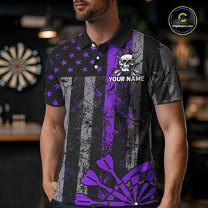 Personalized Purple Grunge US Flag Skull Darts Shirt For Men Custom Patriotic Darts Team Jersey TDM4884