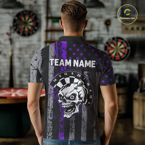 Personalized Purple Grunge US Flag Skull Darts Shirt For Men Custom Patriotic Darts Team Jersey TDM4884