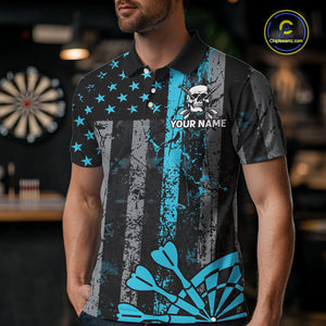 Personalized Blue Grunge US Flag Skull Darts Shirt For Men Custom Patriotic Darts Team Jersey TDM4885