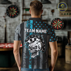 Personalized Blue Grunge US Flag Skull Darts Shirt For Men Custom Patriotic Darts Team Jersey TDM4885