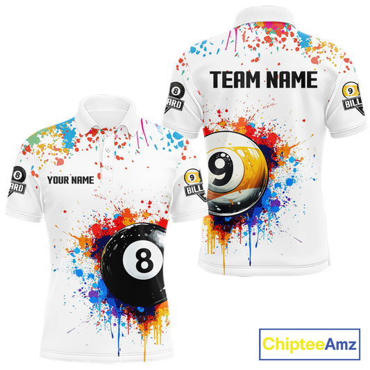 Funny 8 Ball & 9 Ball Colorful Splash Billiard Shirt For Men Custom Billiard Team Jersey |White TDM5581