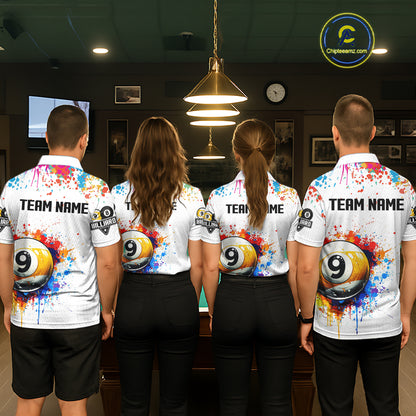 Funny 8 Ball & 9 Ball Colorful Splash Billiard Shirt For Women Custom Billiard Team Jersey |White TDM5581