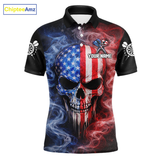 Custom American Flag Smoke Skull Darts Shirt For Men, Patriotic Darts Team Jersey Polo & 1/4 Zip TDM5811