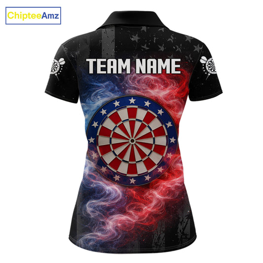 Custom American Flag Smoke Skull Darts Shirt For Women, Patriotic Darts Team Jersey Polo & 1/4 Zip TDM5811