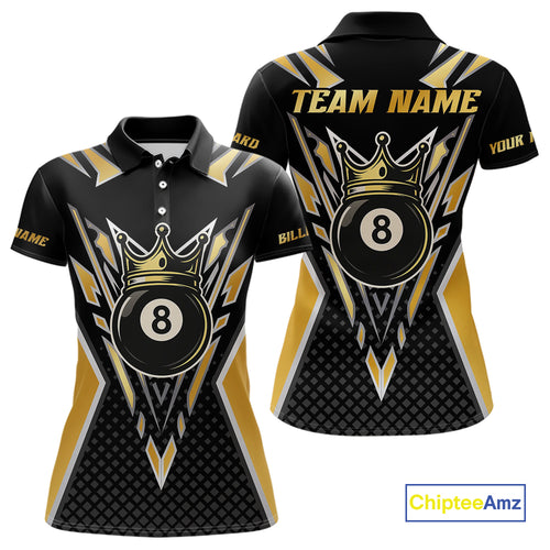 Customized 8 Ball Pool Crown Women Billiard Shirts, Gold And Black Billiard Team Shirts, Pool Jersey TDM4078