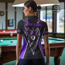 Load image into Gallery viewer, Customized 8 Ball Pool Crown Women Billiard Shirt, Black And Purple Billiard Team Shirt, Pool Jersey TDM4080