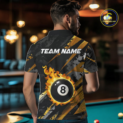 Gold Black Grunge Flame 8 Ball Billiard Shirts For Men Custom Pool Team Jersey Polo & 1/4 Zip TDM6619