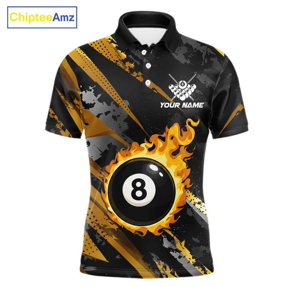 Black and gold billiard polo shirt for men with flaming 8-ball design and customizable team name and player name details.