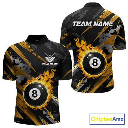 Black and gold billiard quarter zip shirt for men with flaming 8-ball design and customizable team name and player name details.