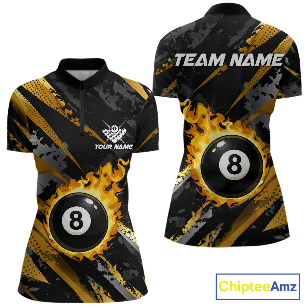 Black and gold billiard quarter zip shirt for women with flaming 8-ball design and customizable team name and player name details.