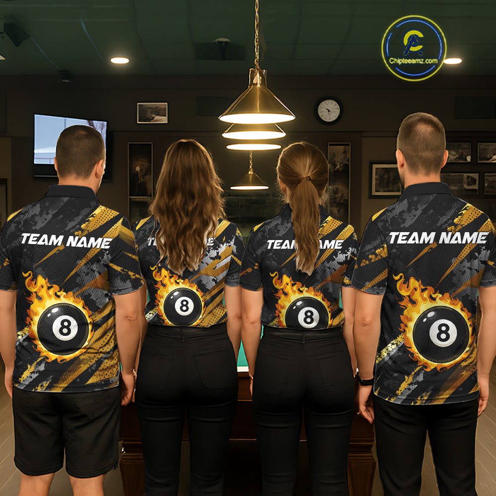 Gold Black Grunge Flame 8 Ball Billiard Shirts For Men Custom Pool Team Jersey Polo & 1/4 Zip TDM6619