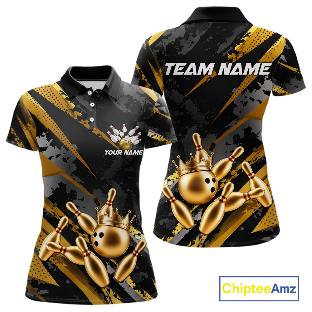 Bowling-themed polo shirt for women with gold bowling pins and crown design on a black background, featuring customizable "Your Name" and "Team Name" text for a personalized look.