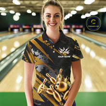 Load image into Gallery viewer, Woman wearing a black and gold bowling shirt with a crown design on a bowling alley.