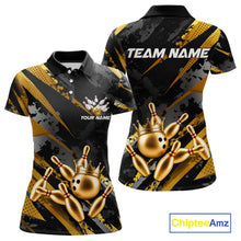 Load image into Gallery viewer, Bowling-themed polo shirt for women with gold bowling pins and crown design on a black background, featuring customizable "Your Name" and "Team Name" text for a personalized look.