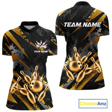 Load image into Gallery viewer, Bowling-themed quarter zip shirt for women with gold bowling pins and crown design on a black background, featuring customizable "Your Name" and "Team Name" text for a personalized look.