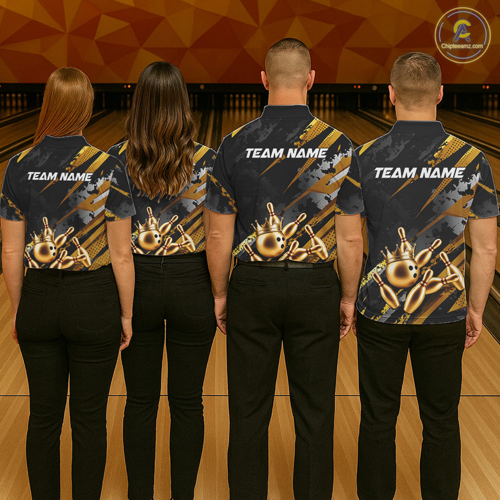 Four people wearing matching bowling team shirts with 'Team Name' text at a bowling alley.