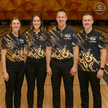 Load image into Gallery viewer, Four people wearing matching bowling shirts in a bowling alley.