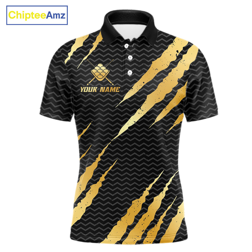 Black and gold billiard polo shirt with 'Team Name' and 'Your Name' text, featuring a crown 9-ball design.