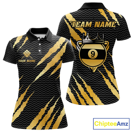 Black and gold billiard polo shirt with 'Team Name' and 'Your Name' text, featuring a crown 9-ball design.