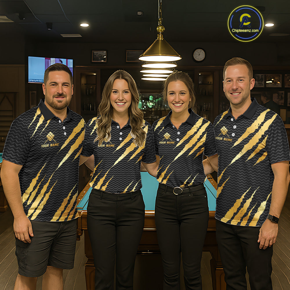 Black And Gold Scratch Billiard Shirts For Men Custom 9 Ball Crown Pool Team Jersey Polo & 1/4 Zip TDM6622