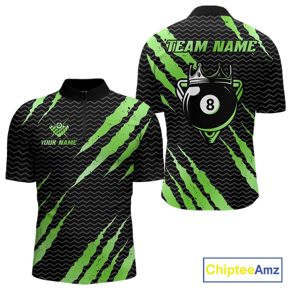 Black and green billiard quarter zip shirt with 'Team Name' and 'Your Name' text, featuring a crown 8-ball design.