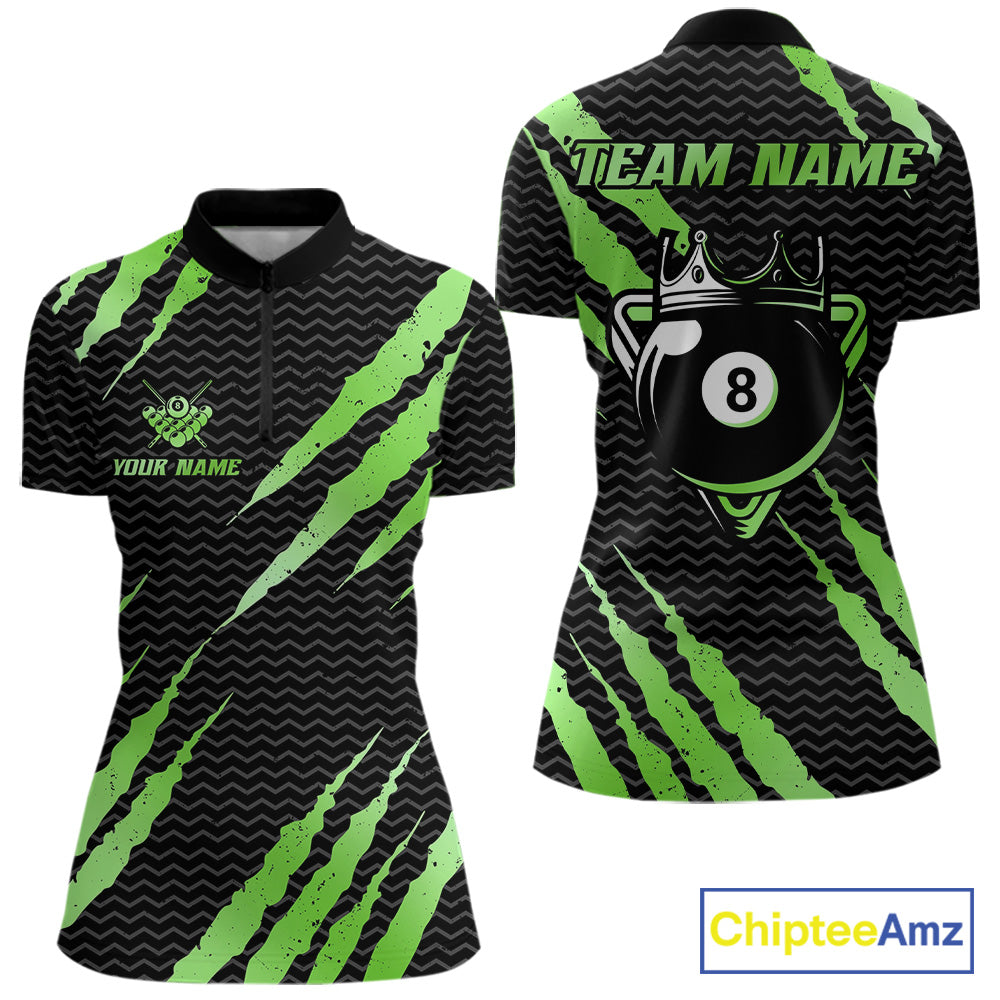 Black and green billiard quarter zip shirt with 'Team Name' and 'Your Name' text, featuring a crown 8-ball design.
