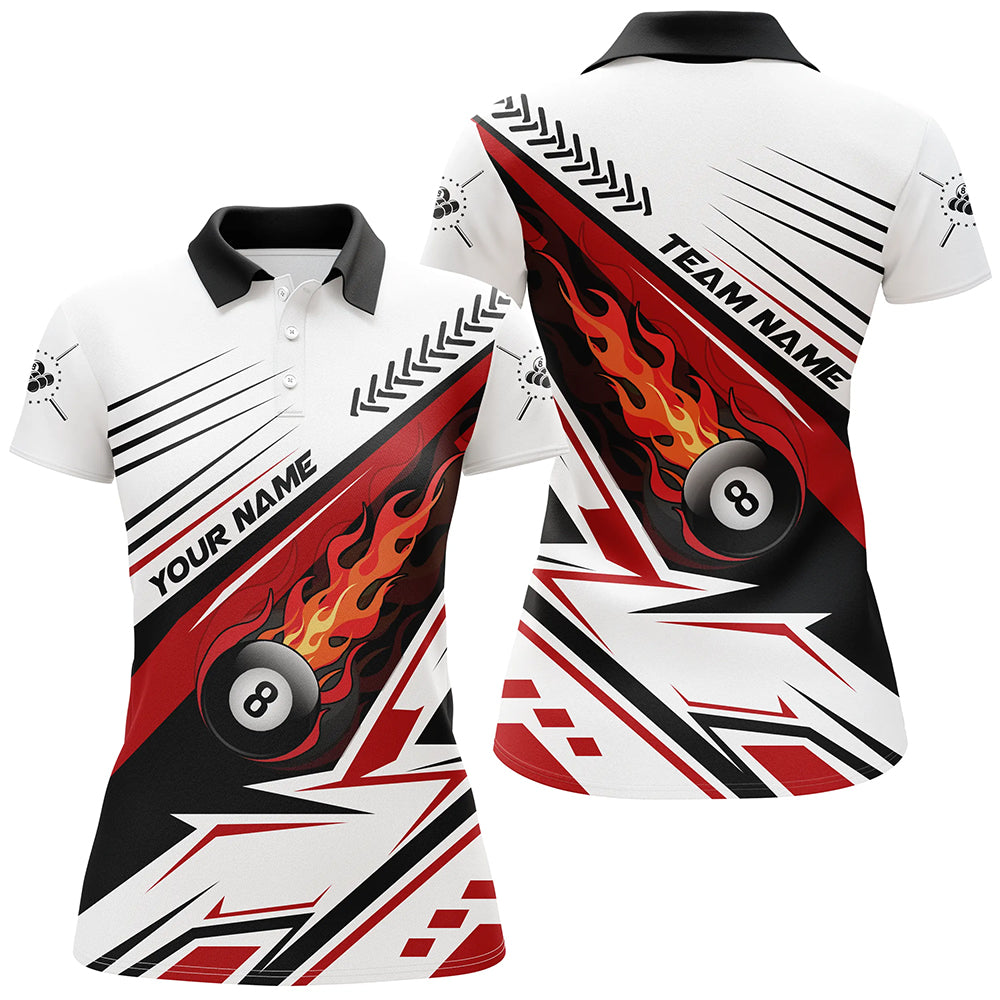 Personalized Red Flaming 8 Ball Billiard Women Polo Shirts Custom Billiard Pool Team Jerseys Shirts TDM0444