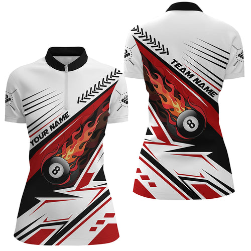 Personalized Red Flaming 8 Ball Billiard Women Quarter-Zip Shirts Custom Pool Team Jerseys TDM0444