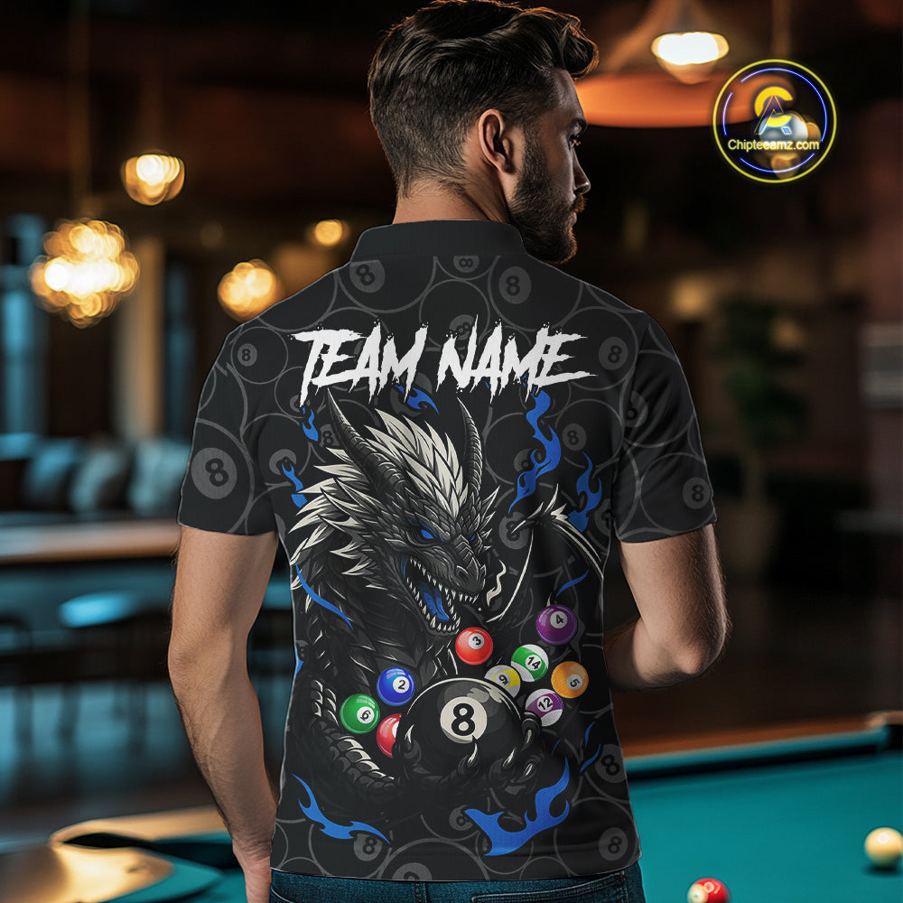 Personalized 8 Ball Dragon Billiard Shirt For Men, Billiard Team Jersey Polo & 1/4 Zip |Blue TDM5110