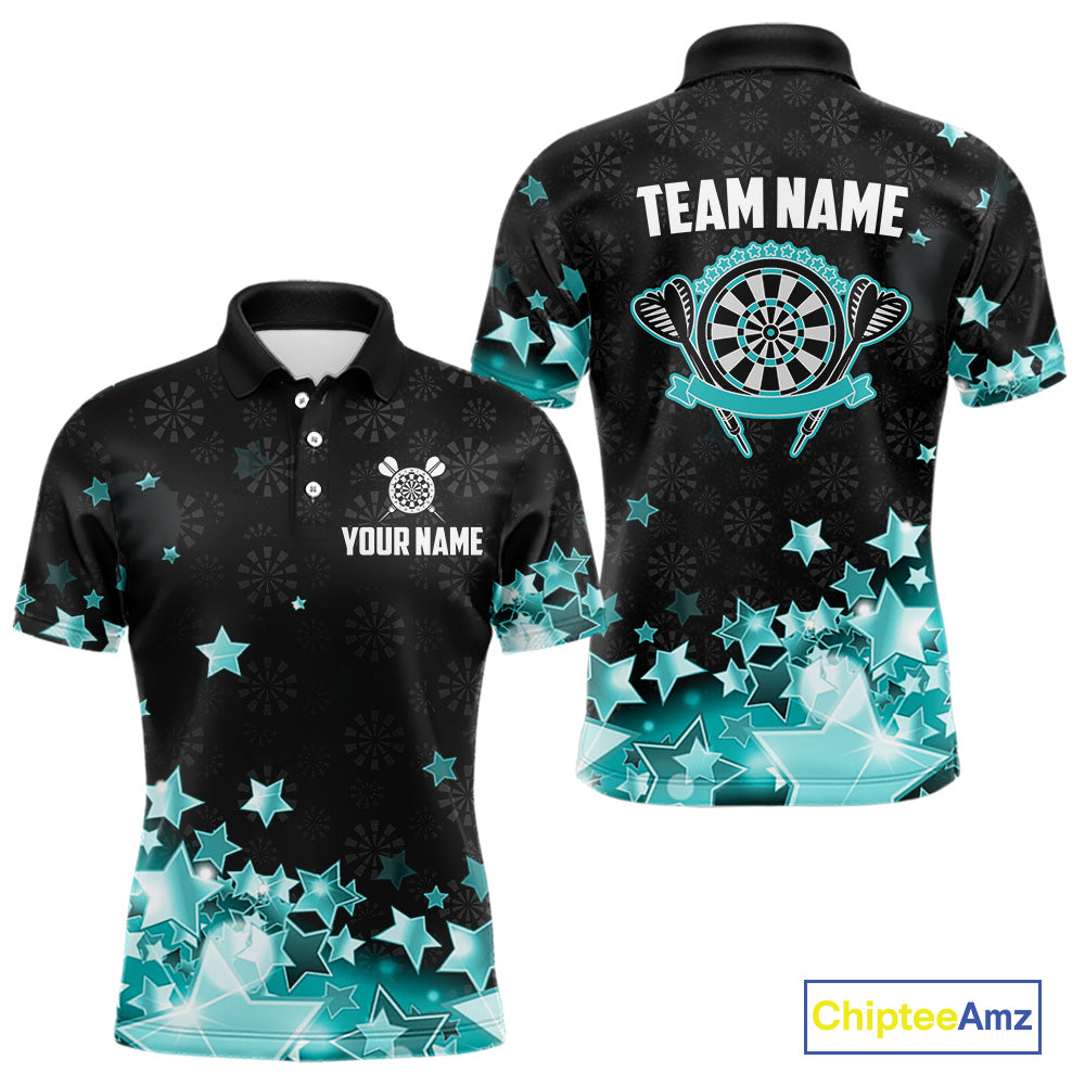 Funny Custom Dart Shirt For Men, Turquoise Black Glowing Star Pattern Darts Polo & Quarter Zip TDM5325