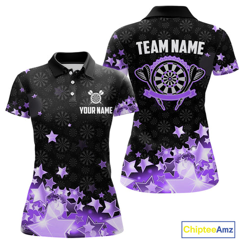 Funny Custom Dart Shirt For Women, Black And Purple Glowing Star Pattern Darts Polo & Quarter Zip TDM5326