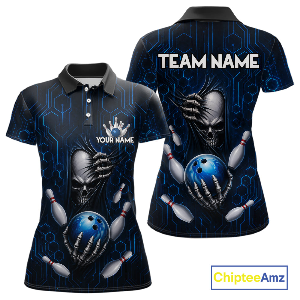 Black And Blue Custom Skull Bowling Shirt For Women, Hexagon Bowling Team Jersey Polo & 1/4 Zip TDM6425