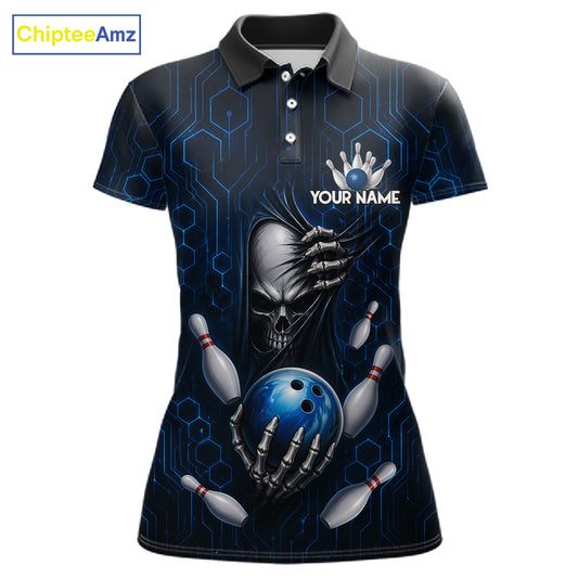 Black And Blue Custom Skull Bowling Shirt For Women, Hexagon Bowling Team Jersey Polo & 1/4 Zip TDM6425