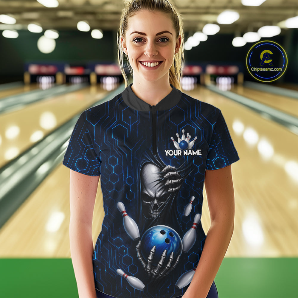 Black And Blue Custom Skull Bowling Shirt For Women, Hexagon Bowling Team Jersey Polo & 1/4 Zip TDM6425