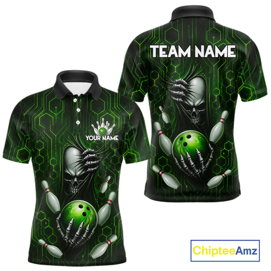 Black And Green Custom Skull Bowling Shirt For Men, Hexagon Bowling Team Jersey Polo & 1/4 Zip TDM6426
