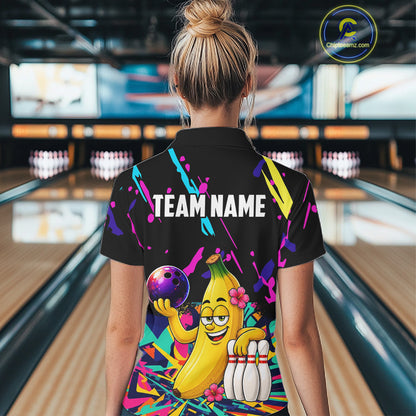 Colorful Bowling Jersey Funny Banana Bowling Polo & 1/4 Zip For Women, Custom Bowling Team Shirts TDM6626