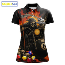 Load image into Gallery viewer, Personalized grim reaper motorcycle 8 ball and 9 ball billiard polo shirt for women, custom pool team jersey.