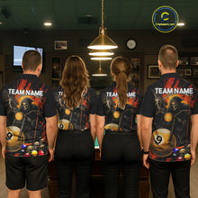 Load image into Gallery viewer, Back view of pool team wearing matching grim reaper motorcycle 8 ball and 9 ball billiard shirts.