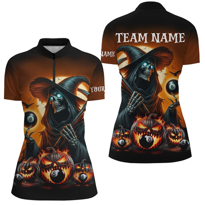 Grim Reaper & Pumpkin With 8 Ball Pool Billiard Jerseys For Women, Funny Halloween Billiard Shirts TDM2377