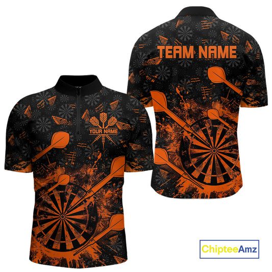 Black And Orange Grunge Darts Polo, Quarter Zip For Men Custom Dart Shirts For Team Dart Jerseys TDM4698