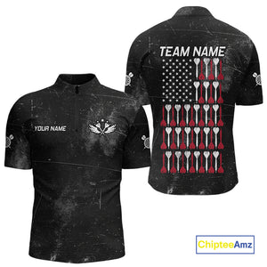 American Flag Black Grunge Darts Polo & 1/4 Zip Custom Darts Shirt For Men Patriotic Dart Jersey TDM4700
