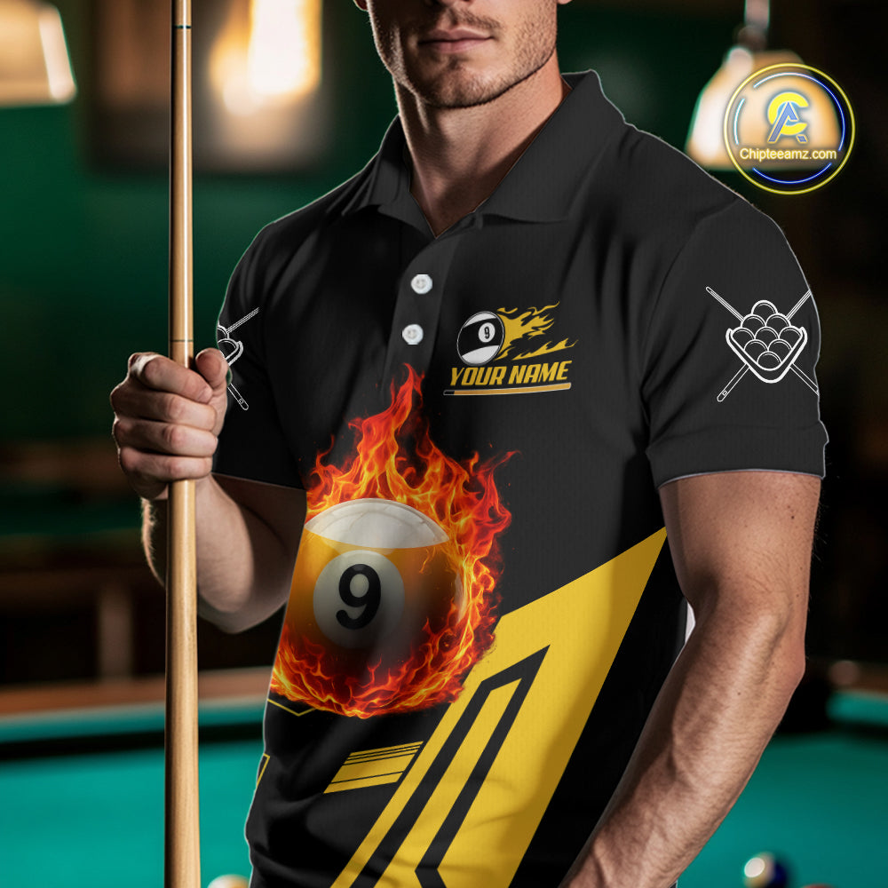 Man Wearing Billiard Fire Flaming 9 Ball Pool Polo Shirt with Athletic Performance Fit and Dynamic Flaming 9 Ball Graphic Artwork, Front View