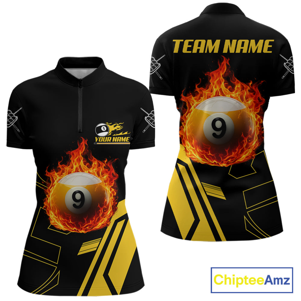 Billiard Fire Flaming 9 Ball Quarter Zip Shirt for Women Created for Competitive 9 Ball Pool League Teams with Performance Fabric and Tournament Ready Comfort