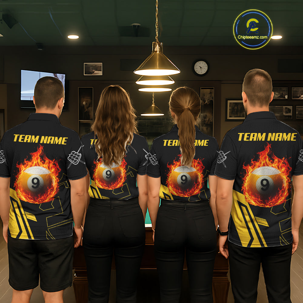 Pool Team Wearing Billiard Fire Flaming 9 Ball Custom Billiard Team Jerseys Featuring the Complete Back Artwork, Back View